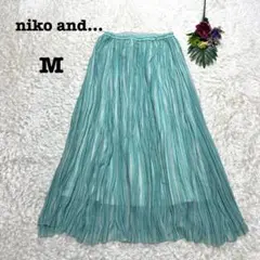 ニコアンド　プリーツロングフレアスカート　ストライプ　Aライン　グリーン　M
