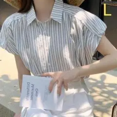 ストライプ　シャツ　L　トップス　半袖　ゆったり　ホワイト　ブルー　夏