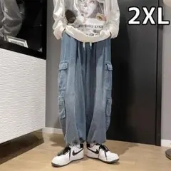 デニムカーゴパンツ　ワイドパンツ　ブルー　青　ジーンズ　ユニセックス　ゆったり