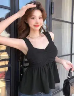キャミペプラムトップス♡L♡黒