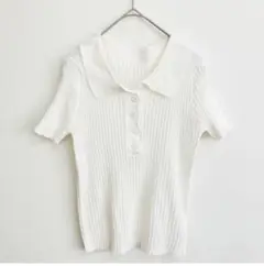 【美品】ホワイト リブ編み ポロシャツ 半袖 レディース フリーサイズ
