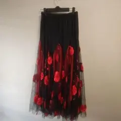 社交ダンス　花柄刺繍チュールロングスカート