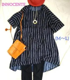 【極美品】INNOCENTE ゆったり半袖シャツワンピース　和風ストライプ(L)