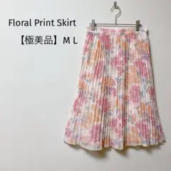 【極美品】ミモレ丈スカート　シフォン　花柄　プリーツ　透け感　日本製　ピンクM
