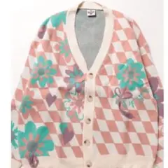 【新品】HOOK -original-ブロックチェック花模様フリンジカーディガン