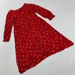 Semo 長袖 ワンピース 花柄 レーヨン 前開き Mサイズ レッド かわいい