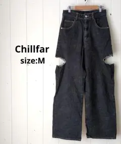 チルファー Chillfar カットオフ ダメージ ワイドデニムパンツ 黒 M