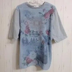 レディース半袖Tシャツ　バラ柄　シャーリング　ブルーグレー　未使用