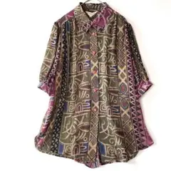 EMA MODA パフスリーブシアーシャツ　古着　エスニックプリント　昭和レトロ