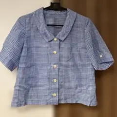 ハンドメイド　青白のチェック柄 クロップドシャツ　レトロ　涼しいシャツジャケット