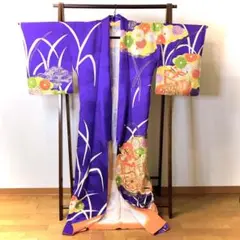 特価美品 華やか 生絹着物付下げ 青紫古典柄金駒繍 舞台衣装アンティーク風きもの
