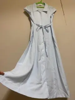 清楚さわやか！シンデレラ水色ロングワンピースシャツワンピ婚活昭和レトロリボン