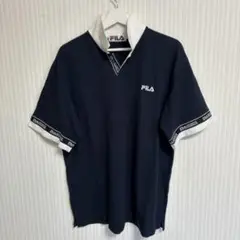 T185 FILA ポロシャツ バイカラー 2XL ネイビー 古着