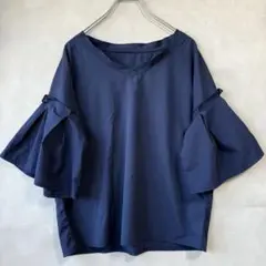 美品☆クリア フレアスリーブTシャツカットソー F Vネック 半袖 五分袖