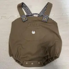 ベビー 90 クマ刺繍 ブラウンロンパース チェック ポケット 男の子 女の子
