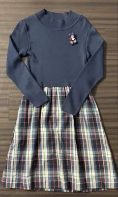 美品 familiar ネイビー チェック柄 ワンピース 140