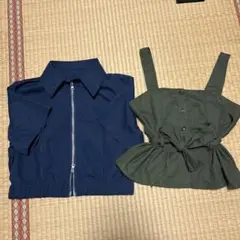 ネイビーシャツとオリーブキャミソールセット