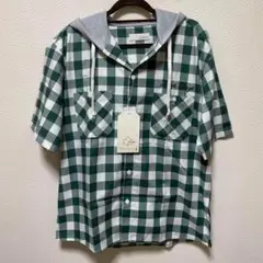 最安値❣️新品　ロゴス　半袖　チェックシャツ フード付き　キャンプ　海　M