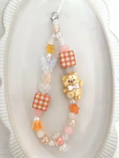 オレンジゆめかわ〰︎︎ビーズストラップ 現品のみ 約17cm B301