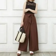 スタイルアップ❤️ サッシュ付ツイルワイドパンツ ブラウン M レディース服