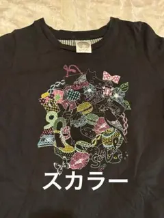 スカラーブラック カラフルイラスト チュニック 半袖 チェック 異素材 ゆったり
