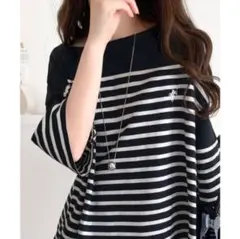 新品★オーガニックコットン100%オーバーサイズパネルボーダーTシャツ★ネイビー