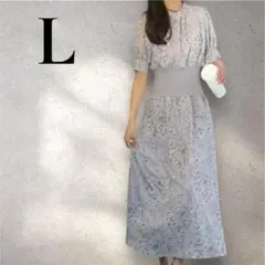 新品✨半袖　花柄ロングワンピース　グレー系　Lサイズ