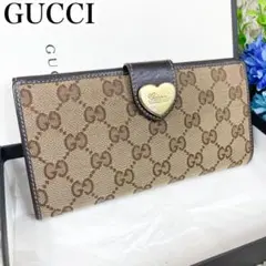 美品✨グッチ 長財布 ハートフラップ GG柄 キャンバス レザー ベージュ