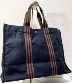 HERMES エルメス フールトゥ GM ネイビー×ブラウン 二本線 キャンバス