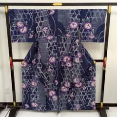 浴衣 夏着物 注染 両面染 アサガオ 裄68 夏物 着物 綿麻 T-8462