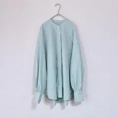 【美品】BONLECILL◆グリーン系ストライプ◆バンドカラーシャツ◆長袖◆F