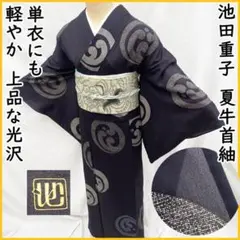 ●507mt1●池田重子 夏牛首紬 尾長巴 波巴文 軽やか 光沢 黒紺色●美品