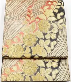 振袖用 袋帯 正絹 金 赤紫 赤 辻が花 全通 Mサイズ F5784 中古美品
