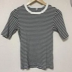 ユニクロ M リブボーダークルーネックT 白 黒 ボーダー シンプル