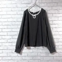 【Lespoir】シアー袖トップス M 白い襟 リボン リブ ブラック 綿混紡