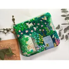 ハンドメイド　ユキエモン　シークレットガーデン　ネイビー　少し大きめ　ミニポーチ