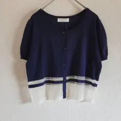 【OFUON】（M）シースルー切り替え半袖カーディガン/重ね着/羽織り
