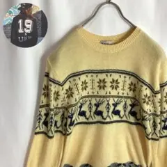 レトロ古着 ニットセーター ノルディック柄 鹿 イエロー黄色 プルオーバー