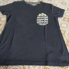 紺色、 半袖Tシャツ ストライプポケット付き M