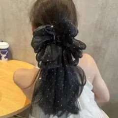 リボン ヘアクリップ BIG ドット レディース 黒 ヘアアクセ 結婚式 ドレス