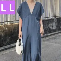 ギャザーシャーリングサロペットオールインワンブルーL Lサイズ