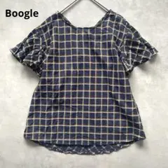 Boogle ネイビー チェック柄 フリル袖シャツ