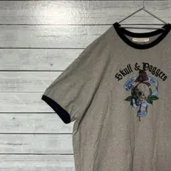 リンガーTシャツ　刺繍　プリント　レトロ　古着　グレー　ブラック　XL