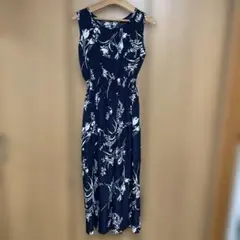 ネイビー フラワープリント ノースリーブ ロングワンピース