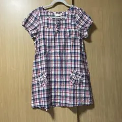 チェック チュニック 半袖 ポケット レトロ