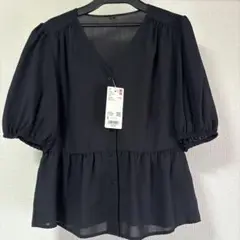 UNIQLO　ユニクロ　レーヨンローンVネックブラウス(半袖)　黒　S