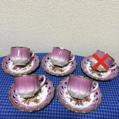 アンティーク チェリーチャイナ チューリップカップ＆ソーサー 4客セット 金縁
