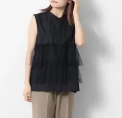 keyuca チュールティアードコンビシャツ ノースリーブシャツ チュールシャツ