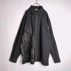 シャツ (L) 刺繍 AB-TECH 羽織り 長袖 両面プリント 黒系 古着