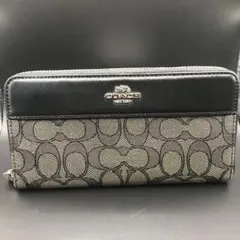 美品 COACH コーチ ラウンド長財布 シグネチャー ブラック 黒